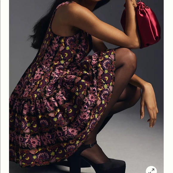 By Anthropologie Deep-V Mini Dress $398 sz 6 black purple embroidered BEAUTIFUL - Picture 2 of 10